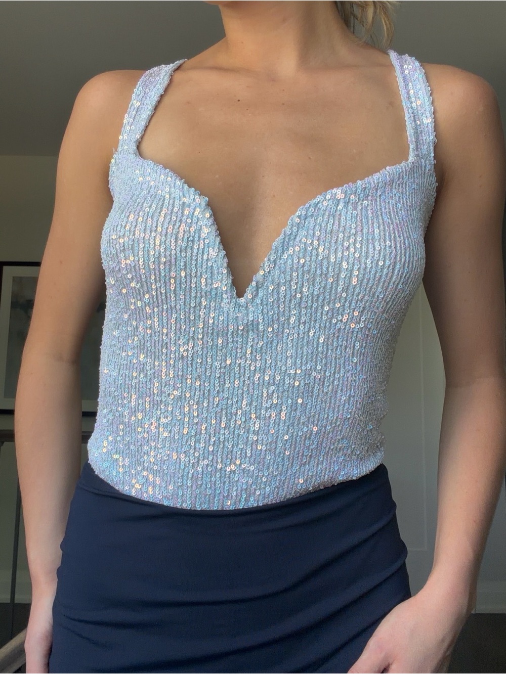 Sequin V-Neck Bodysuit- Light Blue